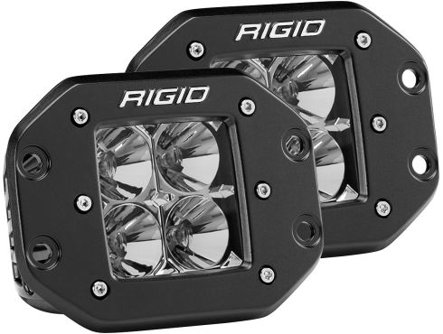 Photo of a pair of Rigid's black flush mount D-Series light pods with flood optics