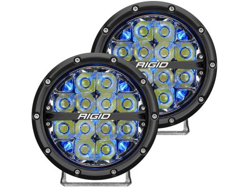 Photo of a pair of Rigid's 6 Inch 360-Series Pod Lights with Spot Optics and Blue Backlights