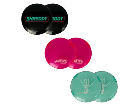 Font view of Shreddy Branded 4 Inch 360 Series Light Covers, two black, two pink, and two teal