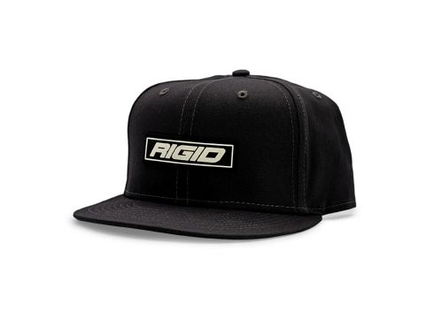 Front View of a Black Flat Bill Hat with a rubber Rigid Patch
