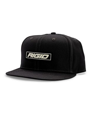 Front View of a Black Flat Bill Hat with a rubber Rigid Patch