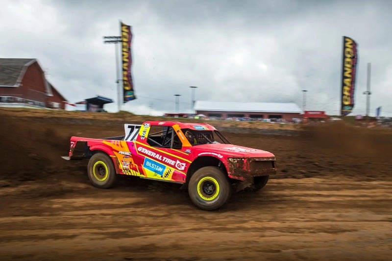 Jerrett Brooks' car drifting around corner on track at Crandon International Raceway