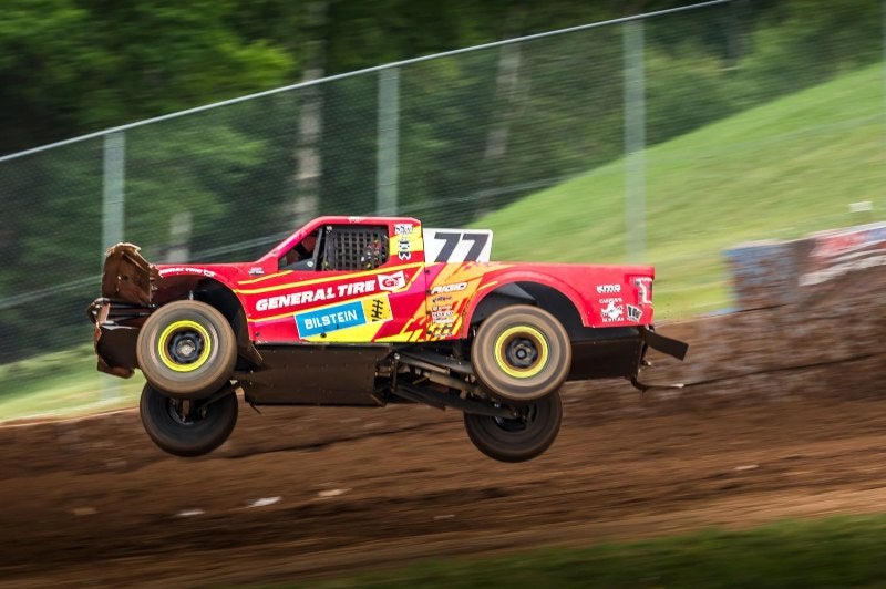 Jerrett Brooks' car flying down track at Crandon International Raceway